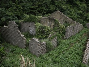 This May 19, 2018, photo shows ruins of a building in the abandoned fishing village of Houtouwan on the remote island of Shengshan, 90 kilometers off the coast of Shanghai. Only 5 of the 3,000 residents remain in what some call a "ghost village" that draws visitors down perilous footpaths winding past structures worn down by roots, rain, vines and wind.