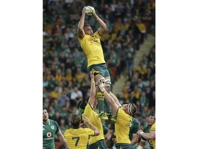 Caleb Timu, top, of Australia takes the ball in a line out during the international rugby match between Australia and Ireland in Brisbane, Australia, Saturday, June 9, 2018.