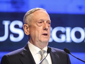 U.S. Defense Secretary Jim Mattis delivers his speech during the first plenary session of the 17th International Institute for Strategic Studies (IISS) Shangri-la Dialogue, an annual defense and security forum in Asia, in Singapore, Saturday, June 2, 2018, in Singapore.