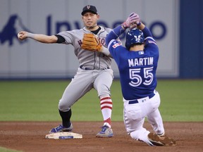 Asdrubal Cabrera of the New York Mets gets the force out on Russell Martin of the Blue Jays at second base but cannot turn the double play in the sixth inning at Rogers Centre in Toronto on Wednesday night.