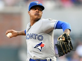 Marcus Stroman of the Toronto Blue Jays throws a second-inning pitch against the Braves at SunTrust Park in Atlanta on Tuesday night.