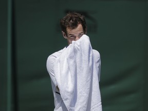 Andy Murray of Britain wipes his face during a practice session ahead of the Wimbledon Tennis Championships in London Saturday, June 30, 2018.