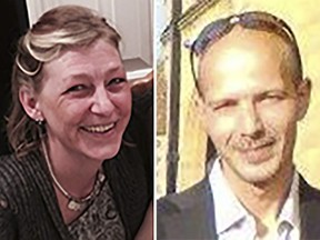 A combination of undated pictures taken from the facebook page of Dawn Sturgess (L) and Charles Rowley (R) on July 9, 2018 shows Dawn Sturgess posing for a photograph in an unknown location British police launched a murder inquiry Sunday after a woman died following exposure to the nerve agent Novichok in southwest England, four months after the same type of chemical was used against a former Russian spy in an attack blamed on Moscow.