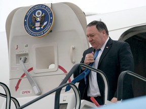 U.S. Secretary of State Mike Pompeo arrives at Brussels Airport in Zaventem, Belgium, Tuesday, July 10, 2018.