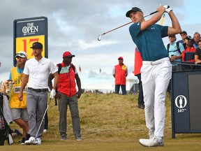 Jordan Spieth watches his iron shot from the 17th tee during the third round of the 147th Open golf Championship at Carnoustie, Scotland on Saturday.