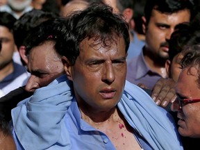 Mohammad Safdar, son-in-law of former prime minister Nawaz Sharif leads a rally in Rawalpindi, Pakistan, Sunday July 8, 2018. Police said Sunday Safdar, the convicted son-in-law of Sharif has been arrested after he resurfaced in the garrison city of Rawalpindi leading a rally of supporters.