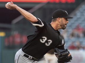 Chicago White Sox starting pitcher James Shields delivers a pitch during the first inning of the team's baseball game against the Los Angeles Angels in Anaheim, Calif., Wednesday, July 25, 2018.