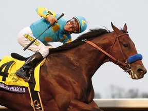 American Pharoah, with Victor Espinoza up, wins the Breeders' Cup Classic horse race at Keeneland race track Saturday, Oct. 31, 2015, in Lexington, Ky.