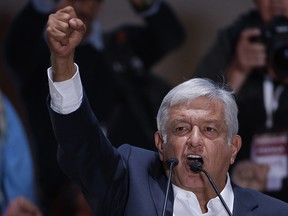 Presidential candidate Andres Manuel Lopez Obrador delivers his victory speech in Mexico City's main square, the Zocalo, late Sunday, July 1, 2018.