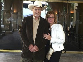 In this 2017 photo provided by Bobby Wilson, Bobby Wilson and his wife, Eileen Pein Wilson, stand outside Casino del Sol near Tucson, Ariz. Wilson, a Republican Arizona state Senate candidate, has shocked gun control advocates by sharing details about shooting and killing his mother in apparent self-defense more than 50 years ago. Wilson, who is running to represent a southern Arizona district, told The Associated Press that he's not trying to hide anything. He says his mother was "insane" and shot at him with a rifle when he was in bed in their Oklahoma farmhouse one night in 1963. He then shot and killed her. Wilson's sister also died that night, and the house caught on fire.