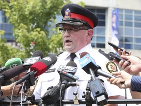 Toronto Police Insp. Michael Barsky, Acting Superintendent/Unit Commander at 52 Division speaks to the media as police descended upon Bremner Blvd. after a threat of another vehicle attack might be imminent just before the noon hour on Thursday July 12, 2018.