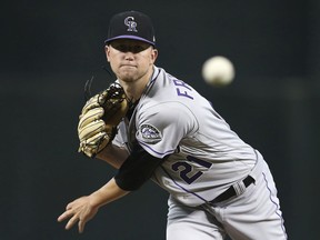 Colorado Rockies starting pitcher Kyle Freeland throws to an Arizona Diamondbacks batter during the first inning of a baseball game Saturday, July 21, 2018, in Phoenix.