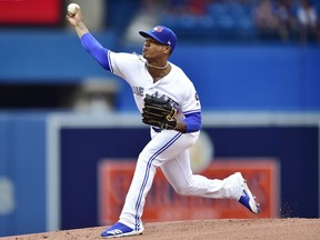 Blue Jays starting pitcher Marcus Stroman works against the Baltimore Orioles during their game at Rogers Centre in Toronto on Saturday.