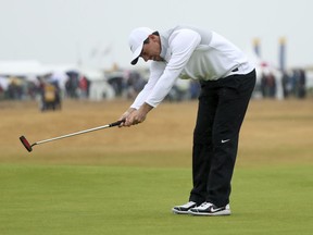 Rory McIlroy of Northern Ireland after missing a putt on the 6th green during the second round of the British Open Golf Championship in Carnoustie, Scotland, Friday July 20, 2018.