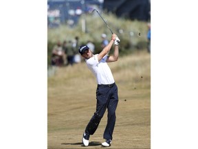 Justin Thomas of the US plays a shot on the 2nd hole during a practice round of the British Open Golf Championship in Carnoustie, Scotland, Wednesday July 18, 2018.