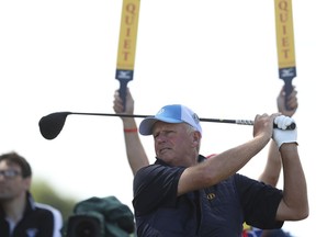 Sandy Lyle of Scotland plays off the 10th tee during a practice round ahead of the British Open Golf Championship in Carnoustie, Scotland, Wednesday July 18, 2018.