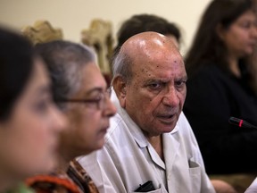 I.A. Rehman, center, an official from the Human Rights Commission (HRCP) addresses a news conference regarding the upcoming elections, in Islamabad, Pakistan, Monday, July 16, 2018. Pakistan's independent HRCP warned Monday of "blatant, aggressive and unabashed" attempts to manipulate the results of elections set for later this month, with prominent activist Rehman calling it "the dirtiest election" in the country's troubled relationship with democratic rule.