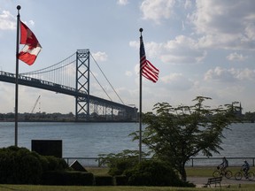 The Ambassador Bridge, which connects Windsor, Ont., and Detroit. In October, recreational marijuana will become legal in Canada, presenting a challenge for U.S. officials at the border, where possession of the drug violates federal law.