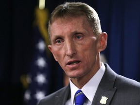 FILE - In this Jan. 29, 2016 file photo, Boston Police Commissioner William Evans speaks during a news conference in Boston. Evans, 59, announced Monday, July 23, 2018, that he is retiring from the department and will take a job as director of public safety at Boston College. He finished his 38-year career in the Boston Police Department by serving as its police commissioner for more than four years.