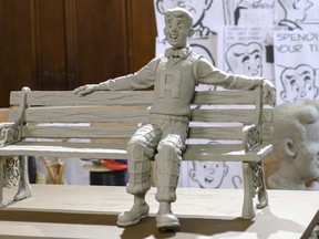 In this April 19, 2017 photo provided by Morgan Karanasios, a clay model for Valery Mahuchy's bronze statue of the comic book character "Archie" is displayed the sculptor's studio in Bethlehem, N.H. Bob Montana, who was the first to draw original depictions of the "Archie" characters, lived in Meredith, N.H., for 35 years until his death in 1975. The life-sized bronze statue of "Archie" is scheduled to be installed Aug. 9, 2018, in Meredith's Community Park to coincide with the town's 250th anniversary.