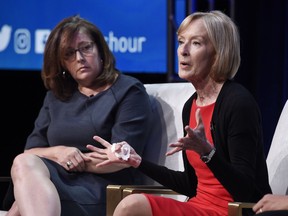 Judy Woodruff, right, anchor and managing editor of "PBS Newshour," takes part in a panel discussion with the show's executive producer Sara Just during the 2018 Television Critics Association Summer Press Tour at the Beverly Hilton, Tuesday, July 31, 2018, in Beverly Hills, Calif.