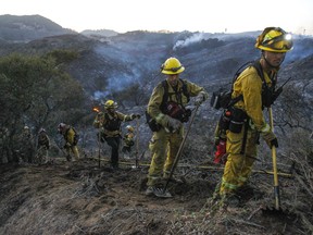 A hand crew of firefighters from various San Diego County fire departments scratch out a fire line after a brushfire burned in De Luz, Calif., on Saturday, July 28, 2018.