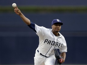 San Diego Padres starting pitcher Luis Perdomo works against a Los Angeles Dodgers batter during the first inning of a baseball game Monday, July 9, 2018, in San Diego.
