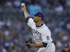 San Diego Padres starting pitcher Tyson Ross works against a Los Angeles Dodgers batter during the third inning of a baseball game Thursday, July 12, 2018, in San Diego.