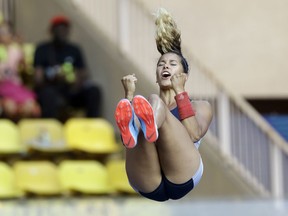 Angelica Bengtsson from Sweden reacts as she competes in the women's pole vault event during the IAAF Diamond League Athletics meeting at the Louis II Stadium in Monaco, Friday, July 20, 2018.