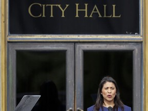 London Breed practices her speech before being sworn in as San Francisco's new mayor outside City Hall on Wednesday, July 11, 2018, in San Francisco. Breed becomes the city's first African American female mayor and she inherits a San Francisco battling homelessness, open drug use and unbearably high housing costs.