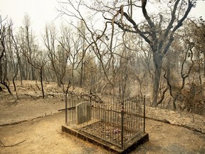 The historic Pioneer Baby's Grave rests among trees scorched by the Carr Fire in Shasta, Calif., on Friday, July 27, 2018. The fire rapidly expanded Thursday when erratic flames swept through the historic Gold Rush town of Shasta and nearby Keswick, then cast the Sacramento River in an orange glow as they jumped the banks into Redding.