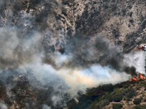 A Los Angeles Fire Department helicopter drops water on a brush fire that erupted on a mountainside above suburban Burbank, Calif. on Saturday, July 7, 2018. Burbank police ordered evacuations in the Wildwood Canyon area and sent officers door to door in the area. It was one of many fires burning in California that forced firefighters to work in stifling heat.