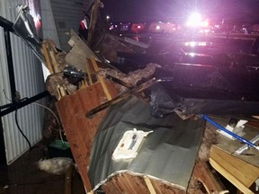 This photo provided by Clifford Bowden shows damage early Tuesday, July 10, 2018, at an RV park in Watford City, N.D., after a violent storm whipped through the northwestern North Dakota city overnight. More than two dozen people were hurt in the storm that overturned recreational vehicles and tossed mobile homes, officials said Tuesday.