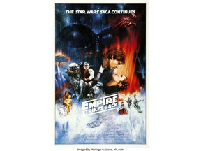 This photo provided by Heritage Auctions, shows a rare draft poster for the "Star Wars" sequel, "The Empire Strikes Back," that sold at auction for $26,400 on Sunday July 29, 2018 in Dallas. Heritage Auctions says a long-time pop culture collector who wished to remain anonymous made the winning bid.  (Heritage Auctions via AP)