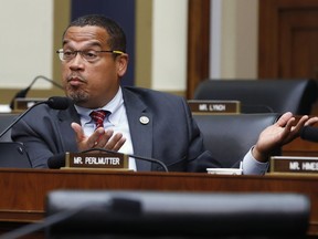 FILE - In this July 18, 2018, file photo, Rep. Keith Ellison, D-Minn., asks a question at a House Committee on Financial Services hearing in Washington. Ellison's decision to back away from Congress and run for Minnesota attorney general is the latest reminder of the newfound national spotlight on states' top attorneys nationwide. Ellison was first elected to a deeply liberal Minnesota seat in 2006, becoming the first Muslim in Congress. He's built a national profile as an energetic campaigner firmly behind liberal causes like expanding Medicare for all.