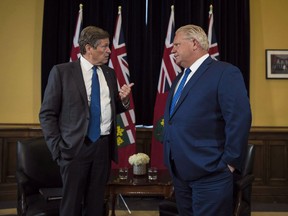 Ontario Premier Doug Ford and Toronto Mayor John Tory meet inside the Premier's office at Queen's Park in Toronto on Monday, July 9, 2018. A published report suggests the Ontario government is poised to reduce Toronto city council to just over half its current size.