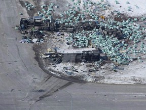 The driver of a transport truck which collided with a passenger bus the Humboldt Broncos hockey team was travelling in will be making his first court appearance next Tuesday. The wreckage of a fatal crash involving the Humboldt Broncos hockey team is is seen outside of Tisdale, Sask., on Saturday, April, 7, 2018.