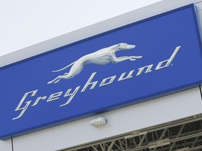 A Greyhound logo at the newly opened Greyhound Terminal at the James Richardson International Airport in Winnipeg on September 3, 2009. The company announced Monday it's discontinuing its passenger and freight service in Alberta, Saskatchewan and Manitoba.