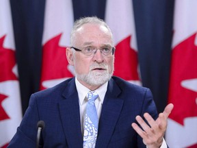 Auditor General Michael Ferguson holds a press conference following the tabling of the AG Report in the House of Commons in Ottawa on May 29, 2018. The federal government will set a new test for fast-tracking disability pension requests from Canadians with terminal illnesses hoping to finally eliminate a key issue in the much-maligned system. The $4.3 billion Canada Pension Plan disability program fast tracks benefits decisions for dying Canadians, but has faced hurdles in meeting the processing timelines.