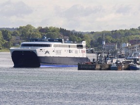 The CAT, a high-speed passenger ferry, departs Yarmouth, N.S. heading to Portland, Maine on its first scheduled trip on Wednesday, June 15, 2016. An international ferry service between Canada and the U.S. could move to a new port in Maine, a change that could see Nova Scotia paying for upgrades to an American town's cruise ship docking facilities.