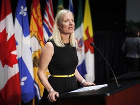 Minister of Environment and Climate Change Catherine McKenna speaks at a press conference in Ottawa on June 28, 2018. The federal minister of the environment says she wants business involved when she and her counterparts from G7 nations gather in Halifax this fall to discuss how to reduce the flow of plastic waste into the oceans. Catherine McKenna said in Halifax today that Canadians are throwing out up to $150 billion worth of plastic that could be retained and used, and much of it is ending up in the water, where it harms marine life.