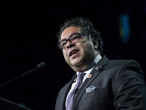 Calgary Mayor Naheed Nenshi speaks after receiving an award from Prime Minister Justin Trudeau during the Public Policy Testimonial Dinner in Toronto on Thursday, April 20, 2017. Calgary's mayor is attacking Ontario Premier Doug Ford's plans to cut the number of Toronto city councillors and cancel votes for other municipal elections. Naheed Nenshi says Ford made no mention of the plan during the recent campaign and he calls the premier's move "tinpot dictator stuff."