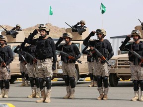In this photo provided by the Saudi Press Agency (SPA), Royal Saudi Land Forces and units of Special Forces of the Pakistani army take part in a joint military exercise called "Al-Samsam 5" in Shamrakh field, north of Baha region, southwest Saudi Arabia, Monday, March 30, 2015.