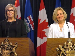 Alberta Premier Rachel Notley says it's hypocritical for the United Conservatives to encourage more women to enter politics while taking aim at defeating a woman who left their movement due to abuse. Sandra Jansen, left, and Premier Rachel Notley announce jointly that Jansen is crossing the floor from the Progressive Conservatives to join Notley's NDP at the legislature in Edmonton on Thursday, November 17, 2016. Jansen, a Calgary MLA, pulled out of the PC party's leadership race, citing harassment over her progressive views.