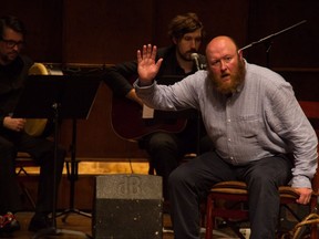 Steve O'Connell is shown as the famous "whale man of Newfoundland" Jon Lien during a rehearsal for the 'Between Breaths' in this 2016 handout photo. The famous "whale man of Newfoundland" is being remembered with a new play based on his life opening in St. John's this week. 'Between Breaths' follows scientist Jon Lien's life, moving backwards from the period shortly before his death 2010 to his first whale rescue in 1978.