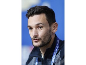 France goalkeeper Hugo Lloris answers to journalists during a press conference at the eve of their semi-final against Belgium at the 2018 soccer World Cup in St. Petersburg, Russia, Monday, July 9, 2018.