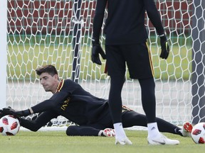 Belgium's goalkeeper Thibaut Courtois cathces the ball during a training session at the 2018 soccer World Cup in Dedovsk, Russia, Sunday, July 8, 2018.
