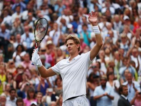 Kevin Anderson celebrates his victory over John Isner at Wimbledon on July 13.