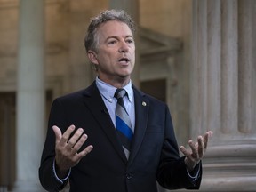 During a TV news interview, Sen. Rand Paul, R-Ky., defends President Donald Trump and his Helsinki news conference with Russian President Vladimir Putin where Trump appeared to cast doubt on U.S. intelligence findings that Russia interfered in the 2016 election, on Capitol Hill in Washington, Tuesday, July 17, 2018.