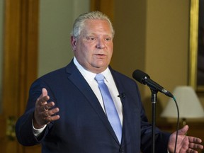 Ontario Premier Doug Ford speaks to media outside of his office at Queen's Park in Toronto, Ont. on Wednesday July 11, 2018.